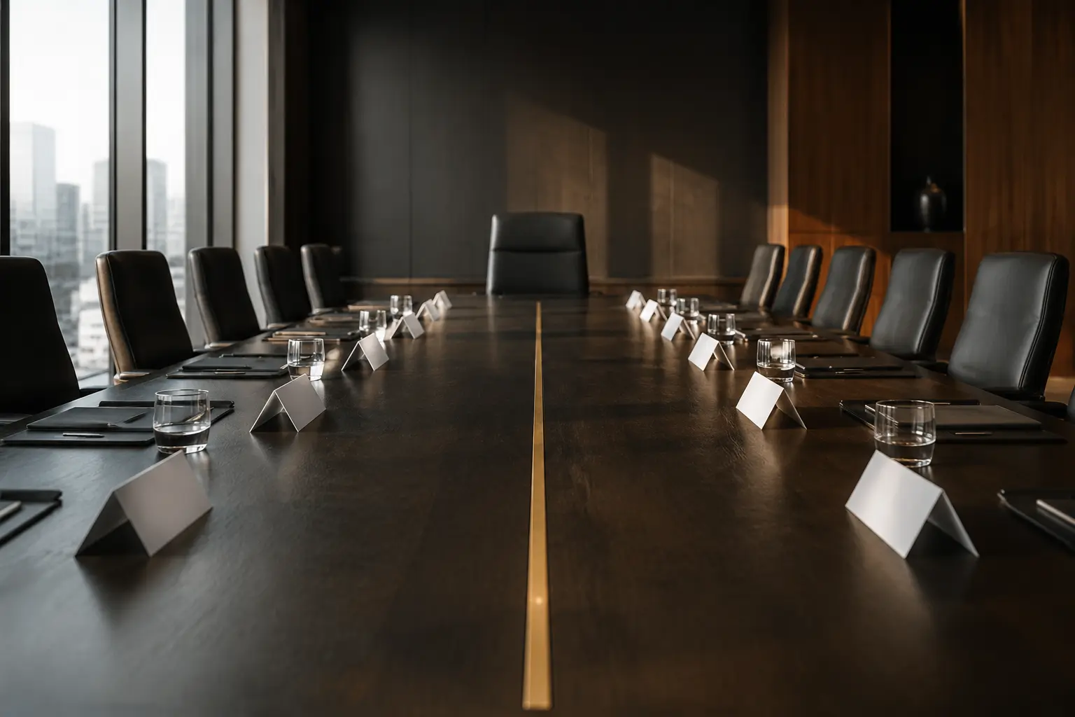 Single empty executive chair at the end of a restrained search room